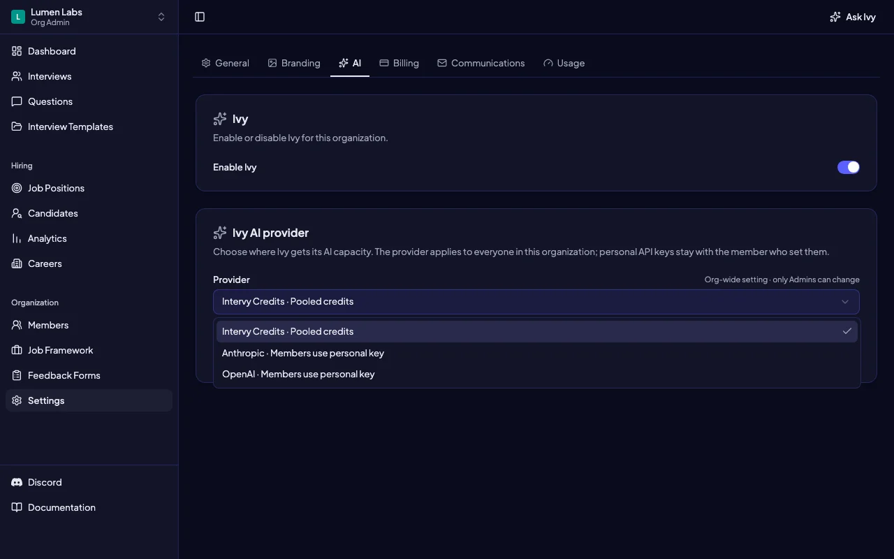Intervy AI provider settings showing options a hiring team should check before describing its AI data path