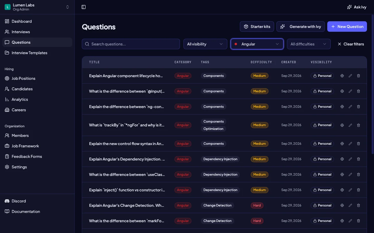 Angular interview questions organized by category and difficulty in Intervy