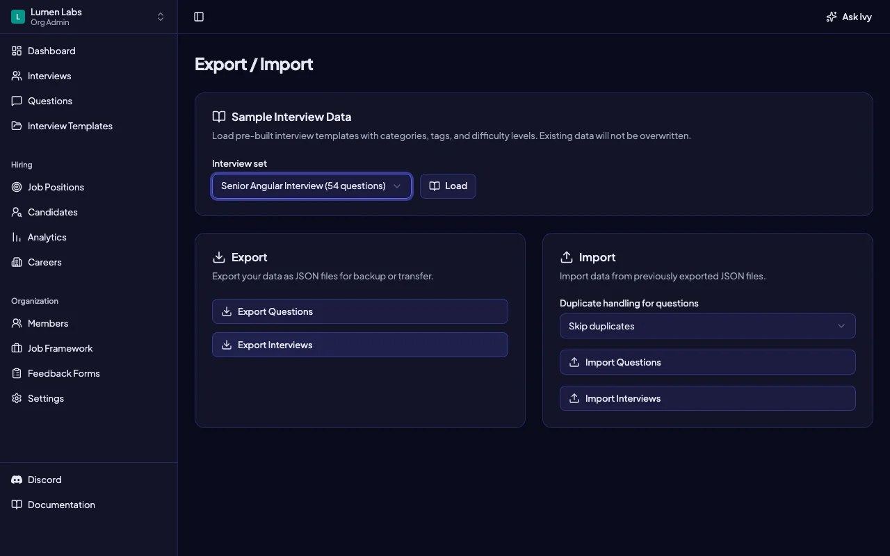 Senior Angular Interview sample set selected in Intervy's import screen