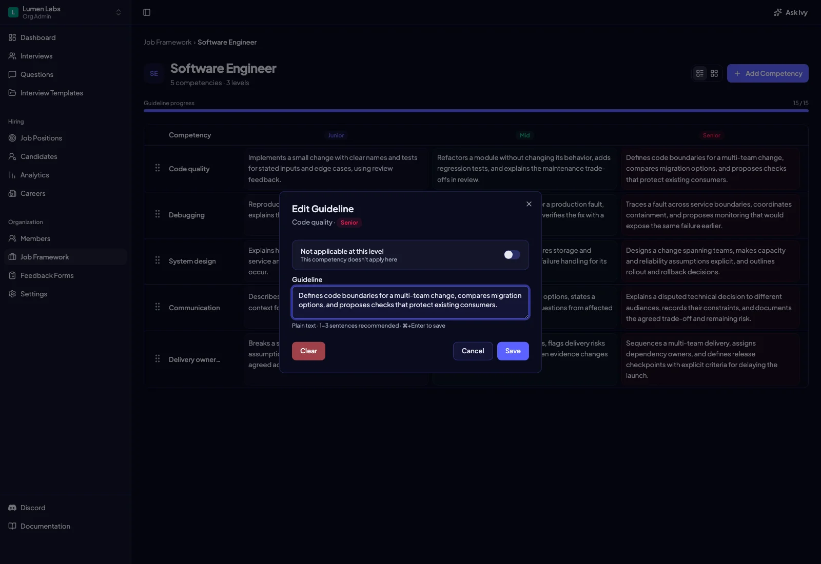 Intervy Edit Guideline dialog for Senior Code quality with the worked competency-based hiring expectation