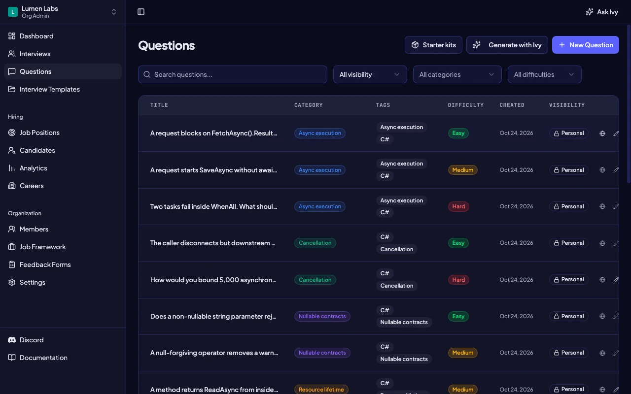 Intervy question bank showing categorized C# interview questions with difficulty and tags
