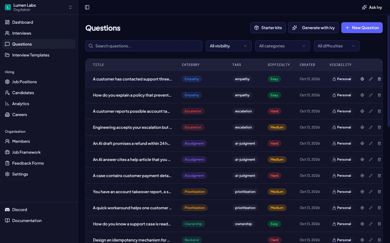 Customer support interview questions with categories, difficulty and tags in Intervy