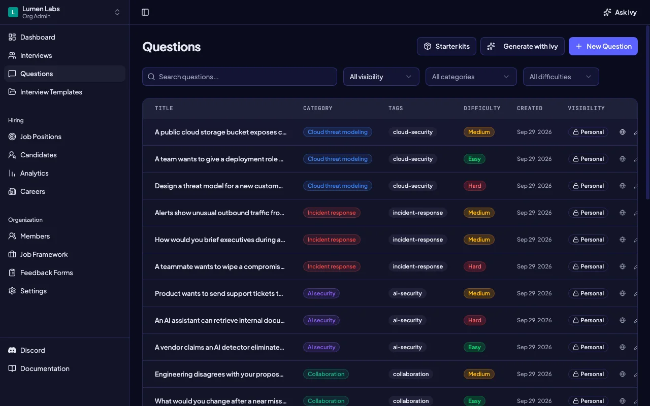 Intervy question bank displaying cybersecurity engineer scenario prompts