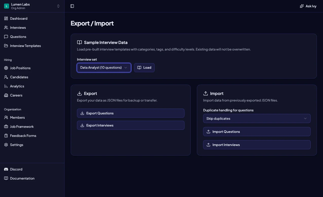 Intervy Export and Import page showing the Data Analyst sample question set and file import controls