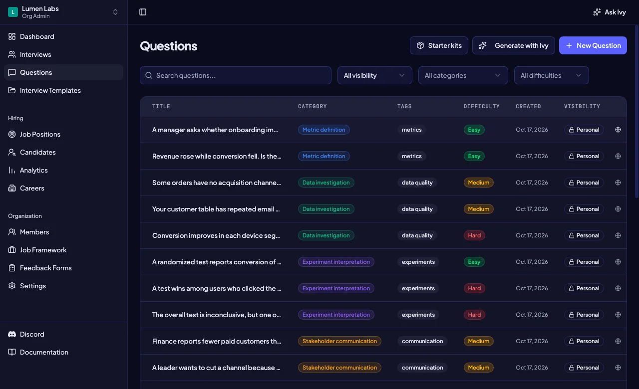 Intervy question bank with data analyst interview questions organized by competency