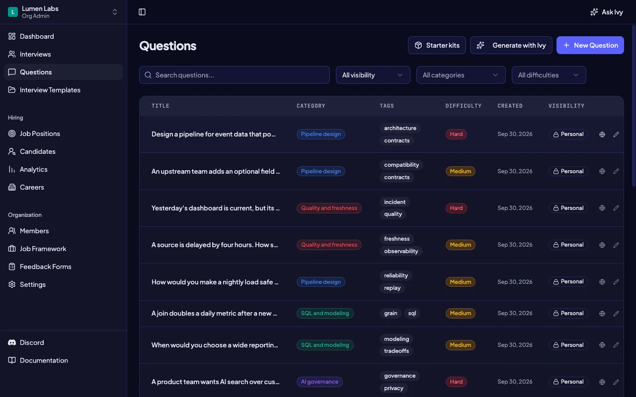 Intervy question bank showing data engineer scenarios organized by category