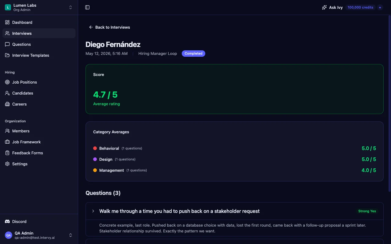 Engineering manager interview review page on Intervy showing per-category averages — Leadership 4.5, Stakeholder Management 2.5 — produced by the structured interview scoring tool
