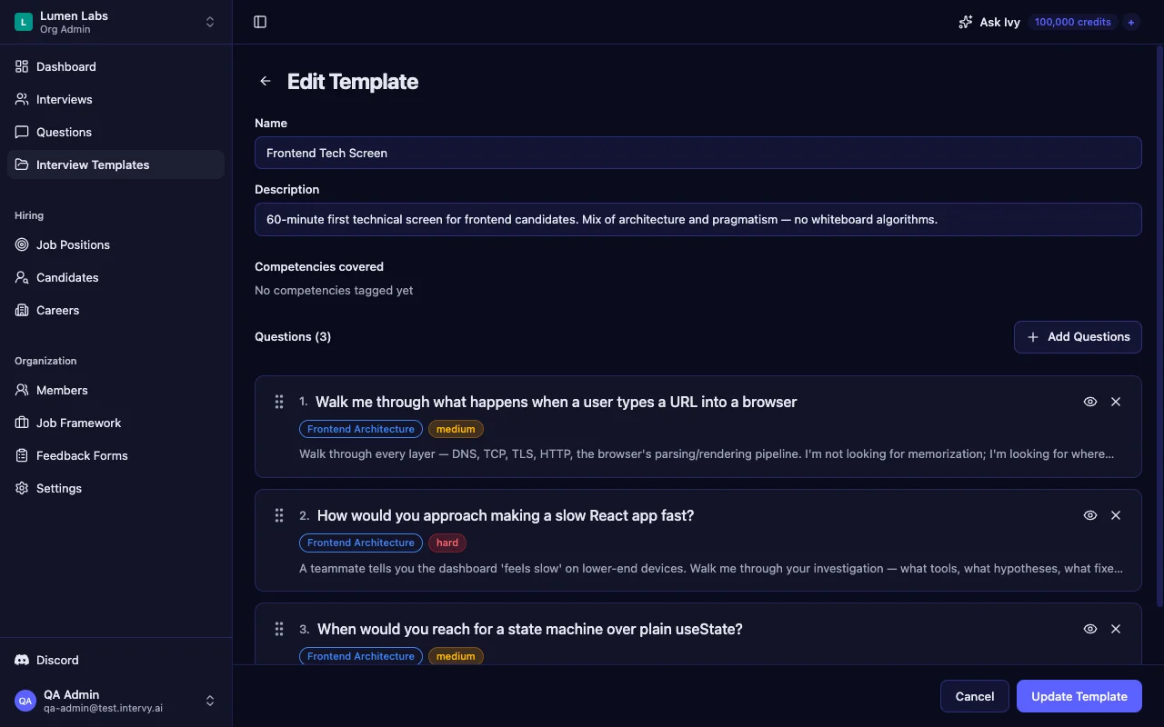 Interview template builder with reusable frontend developer interview templates and question counts