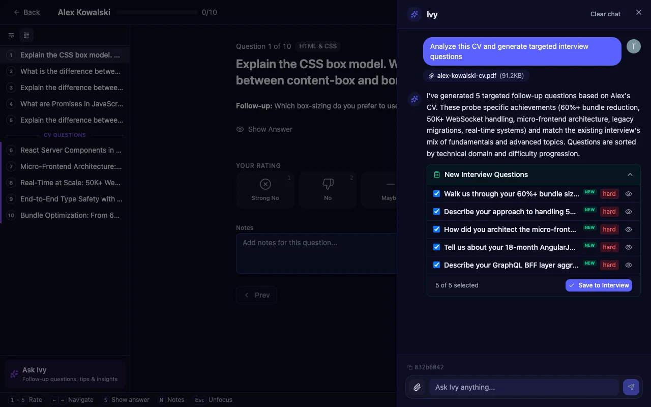 AI interview question generator showing 5 CV-targeted questions generated from resume analysis