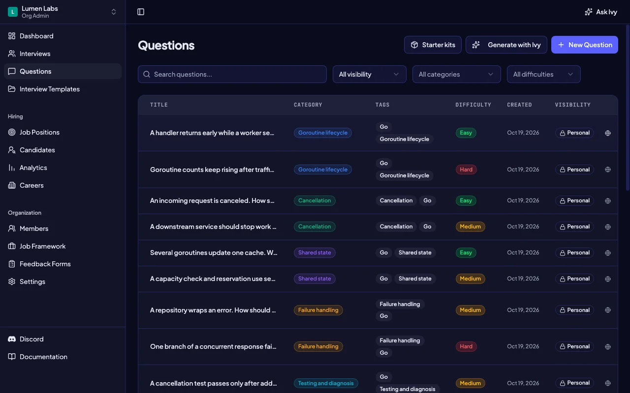 Go interview questions in Intervy showing categories, difficulty and tags for structured technical interview preparation