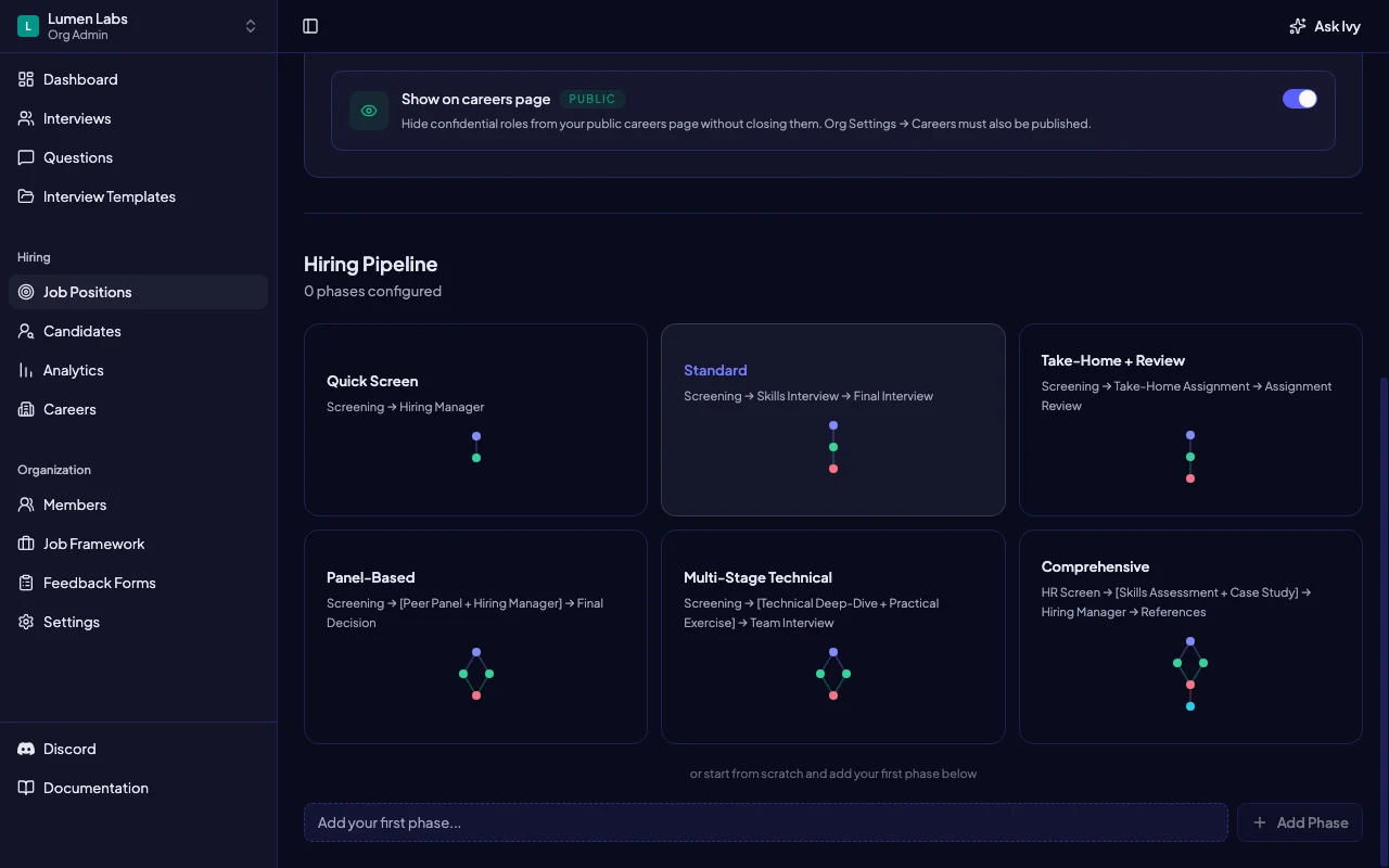 Intervy job-position editor showing hiring pipeline layout options