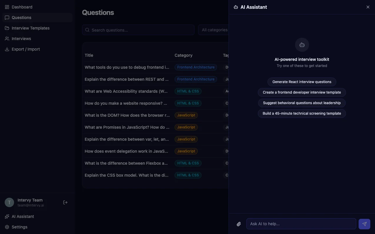 Interview template builder with Ivy panel for generating structured interview templates