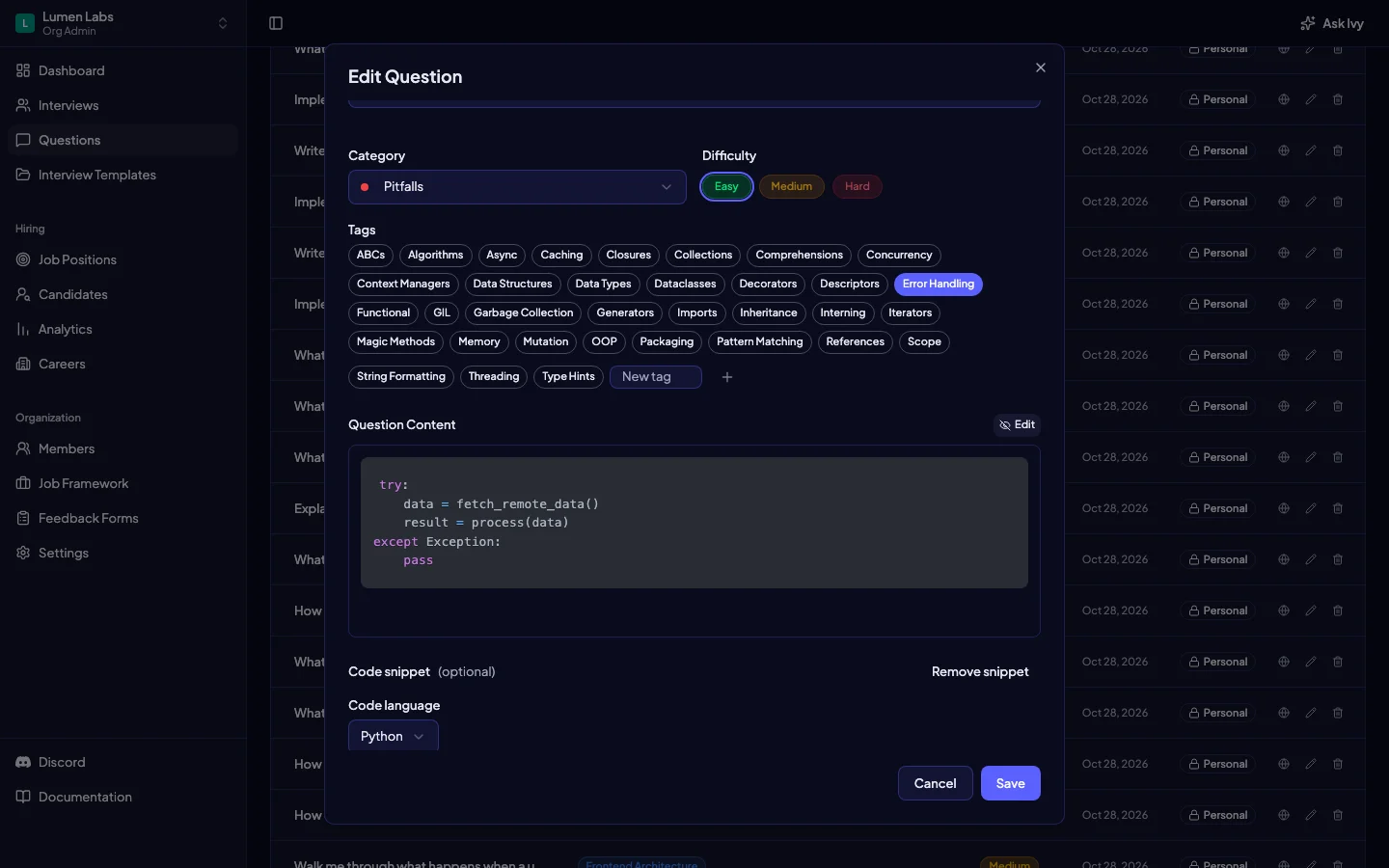 Technical interview preparation tool showing a Python question's Markdown code preview