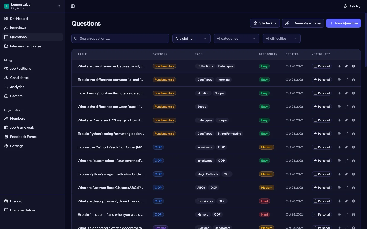 Intervy question list with categories, difficulty labels, and tags for technical interview questions