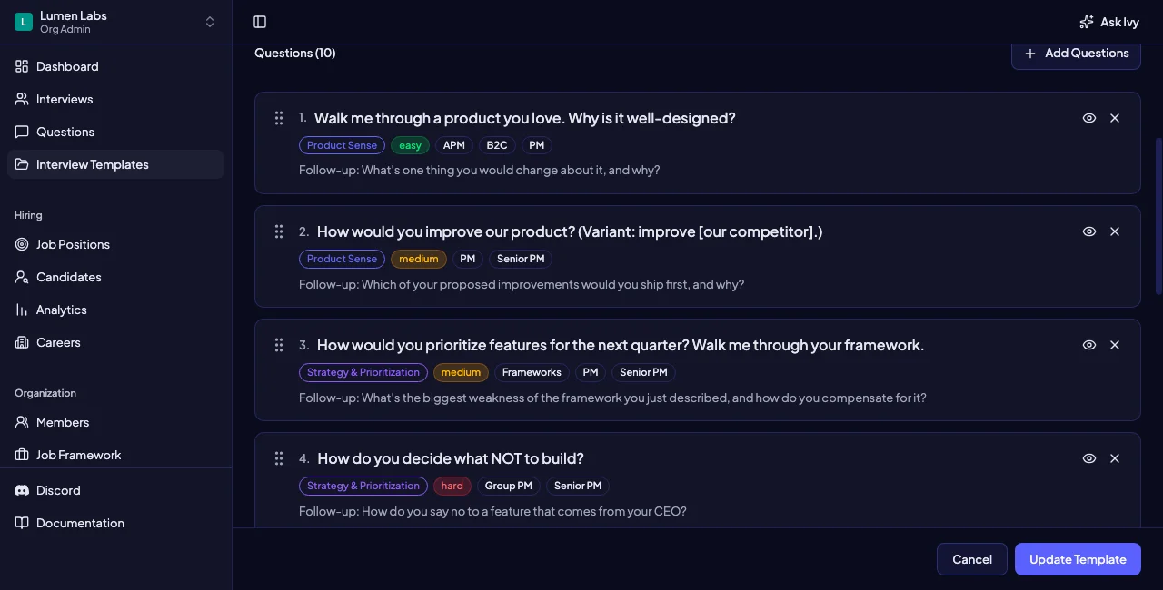 Intervy interview template builder showing an ordered question list for a manual interview loop design audit