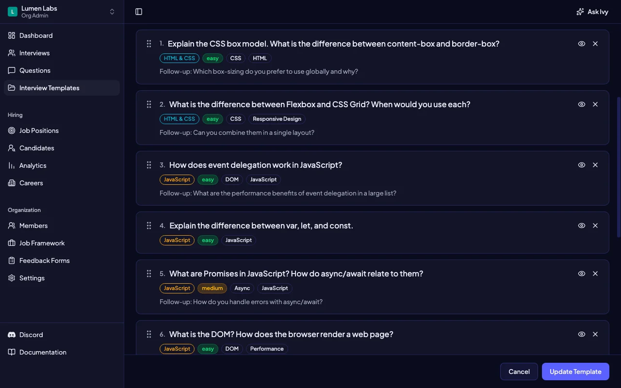 Intervy interview template builder showing an ordered frontend question list