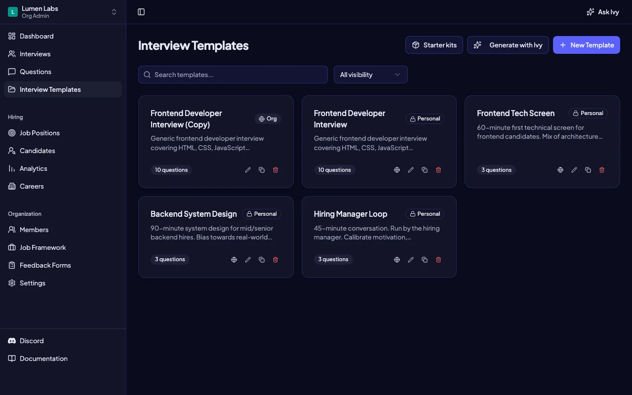 Intervy interview templates with Personal and Org labels in the team library