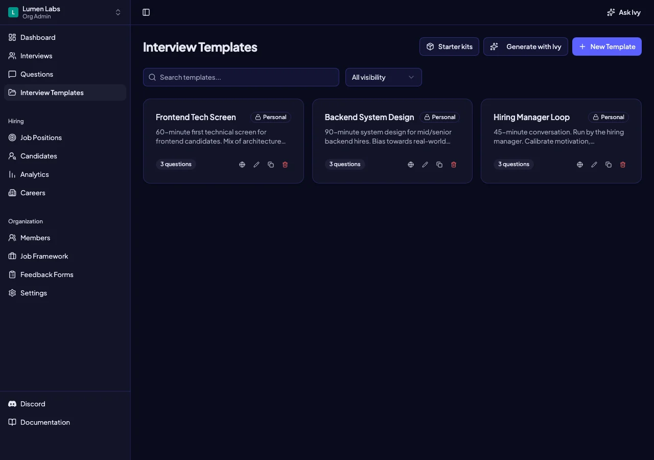 Intervy interview template builder listing fictional interview plans with their question counts