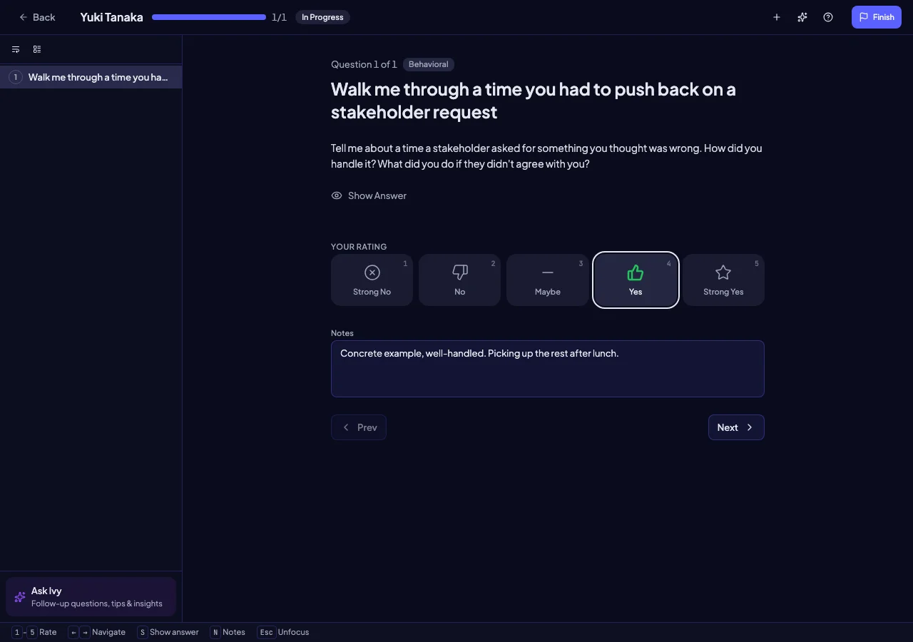 Intervy structured interview tool showing a question with separate rating and notes controls