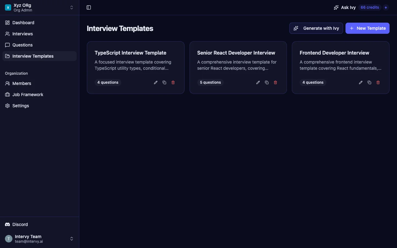 Interview template builder showing reusable JavaScript interview templates with question counts