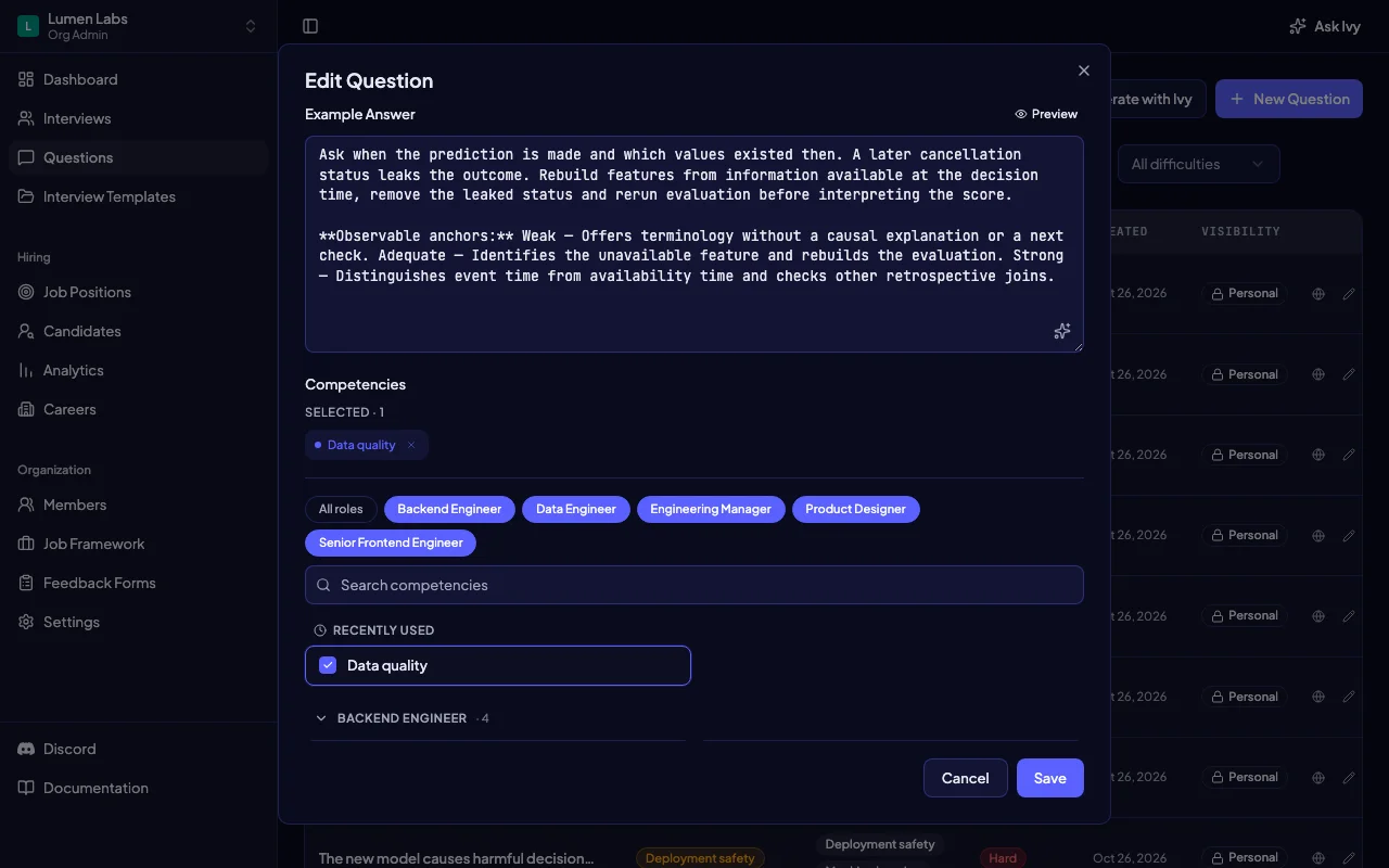 Example Answer editor containing reference guidance for a machine learning interview leakage question