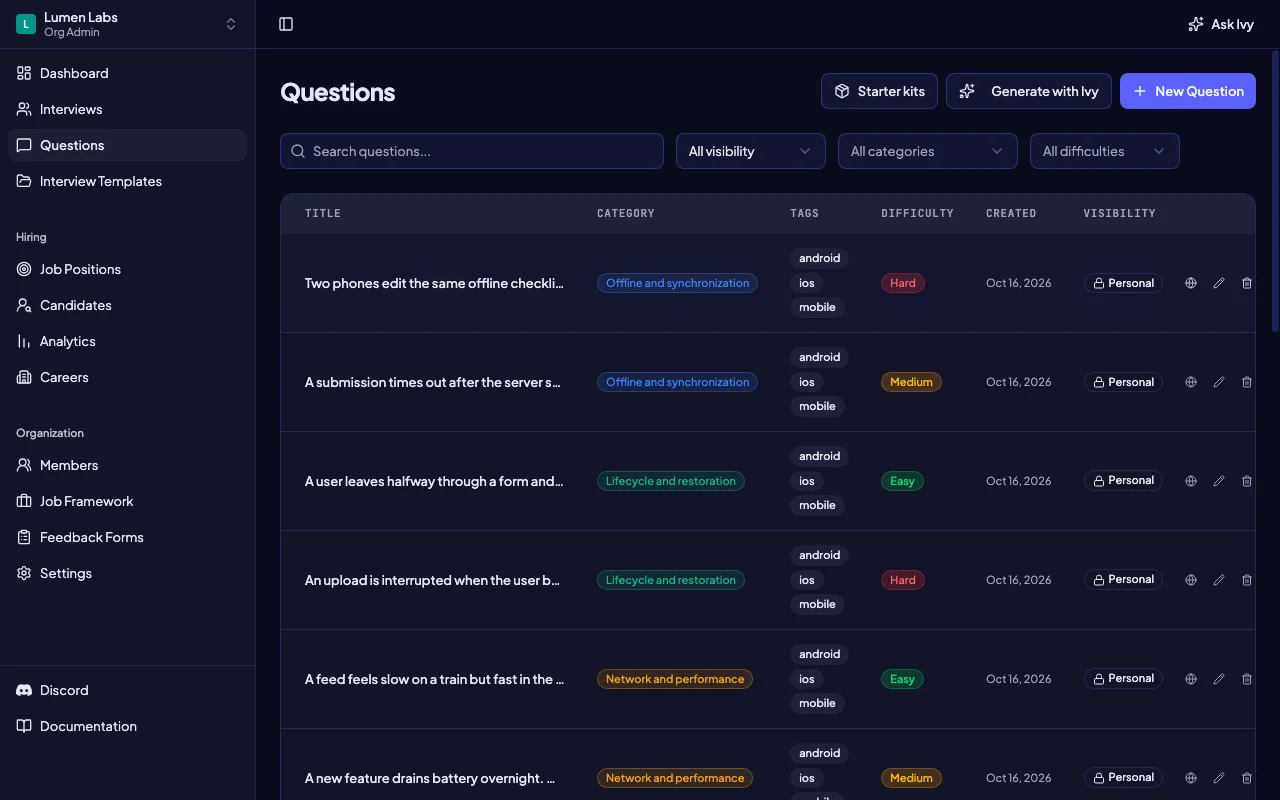 Intervy mobile interview questions organized by category, tags and difficulty for technical interview preparation