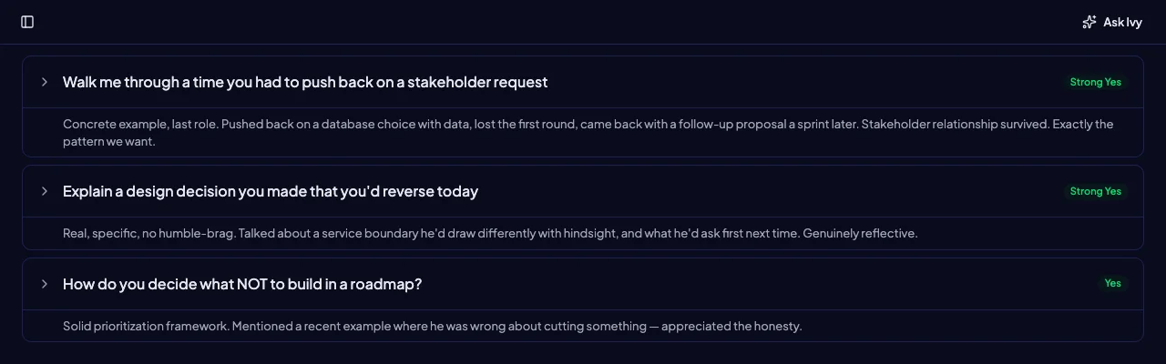 Interview scoring tool showing a fictional candidate's question ratings and written interview notes