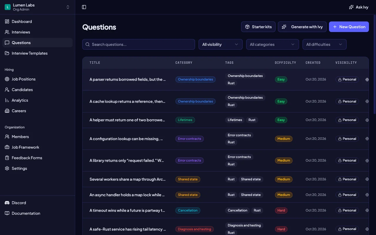 Rust interview questions in Intervy with categories, difficulty levels and tags
