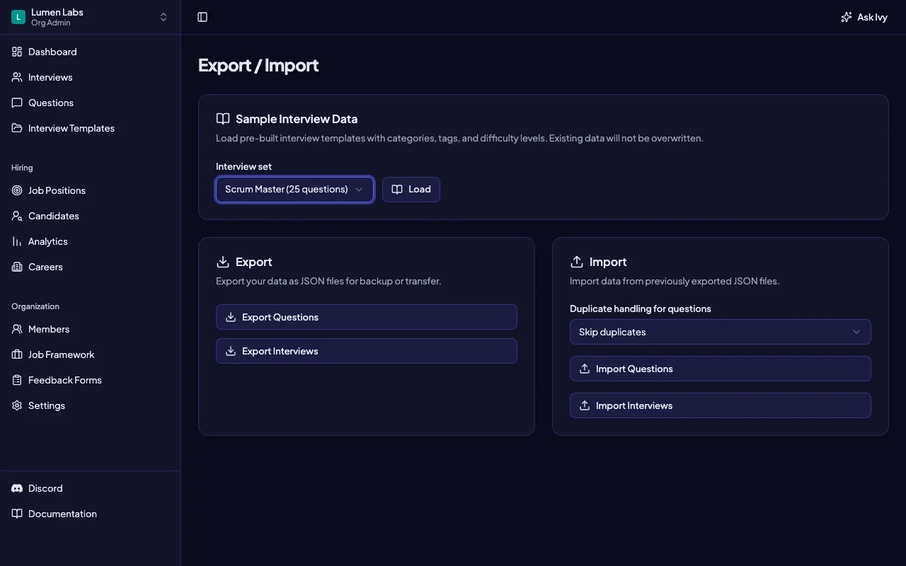 Sample Interview Data screen with a Scrum Master interview set ready to load