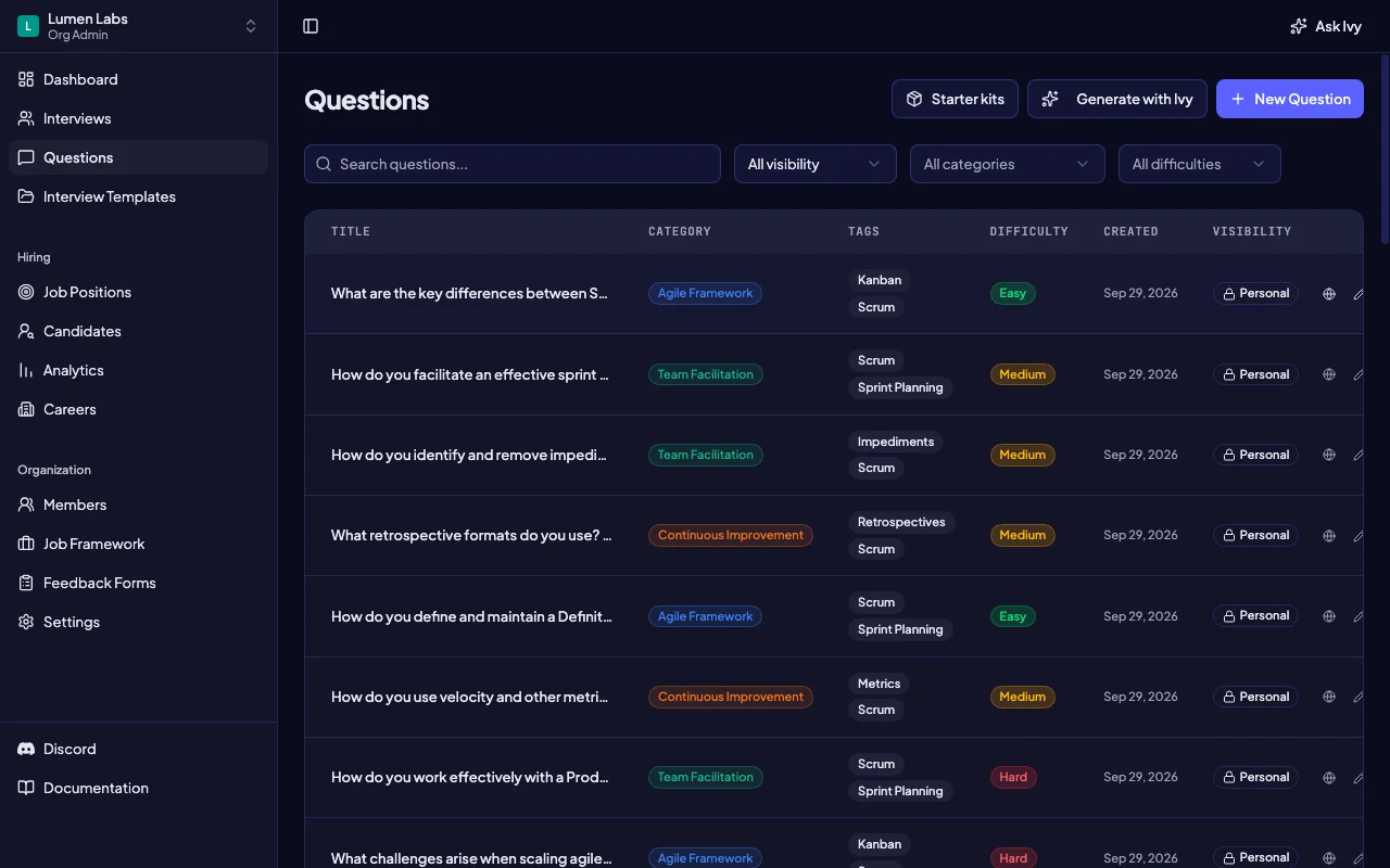 Scrum Master interview questions organized in a structured question bank