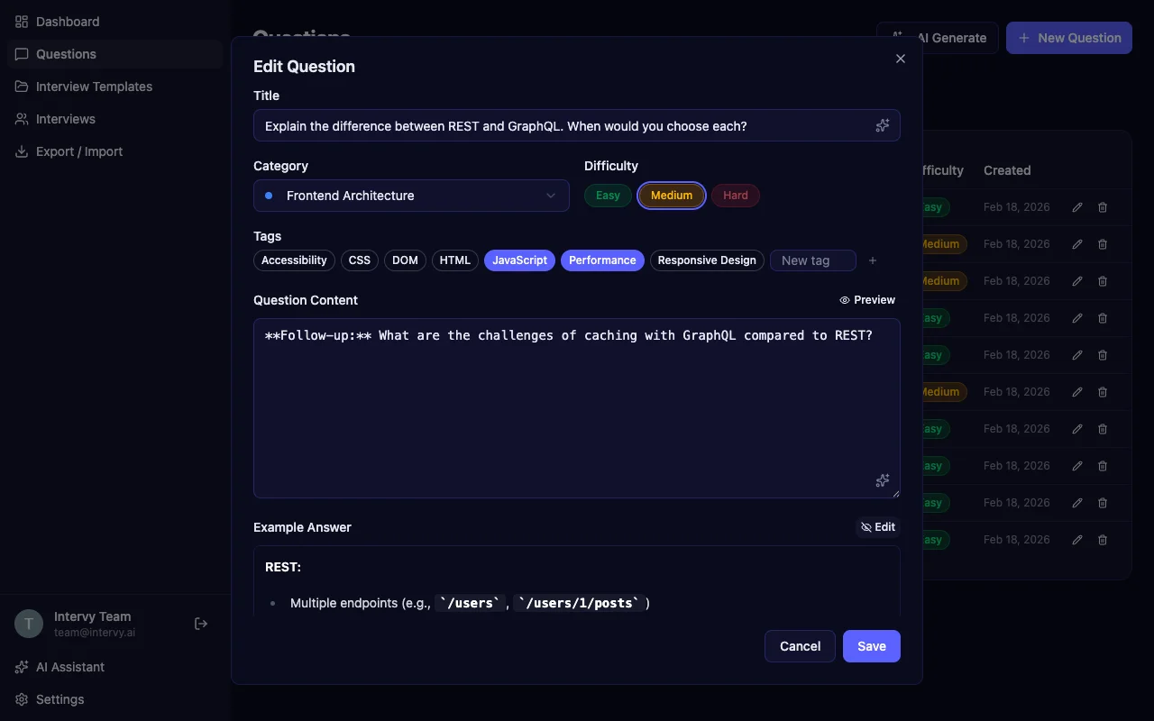 Interview template builder question editor with Markdown content, syntax highlighting, and structured metadata