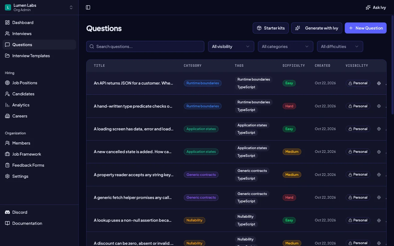 TypeScript interview questions organized by category, difficulty and tags in Intervy’s structured interview tool